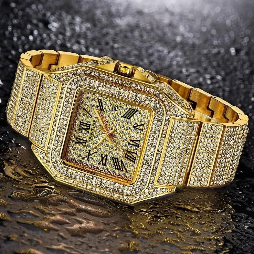 Men's Gold Crystal Bling Rectangle Case Stainless Steel Quartz Analog Watch